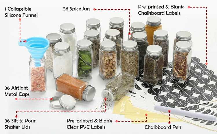 14 Pcs Glass Spice Jars with Spice Labels - 4oz Empty Square Spice Bottles  - Shaker Lids and Airtight Metal Caps - Chalk Marker and Silicone