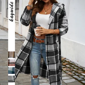 Casual Long Coat Plaid Button up Cardigan Hooded Windbreaker Jacket for Women