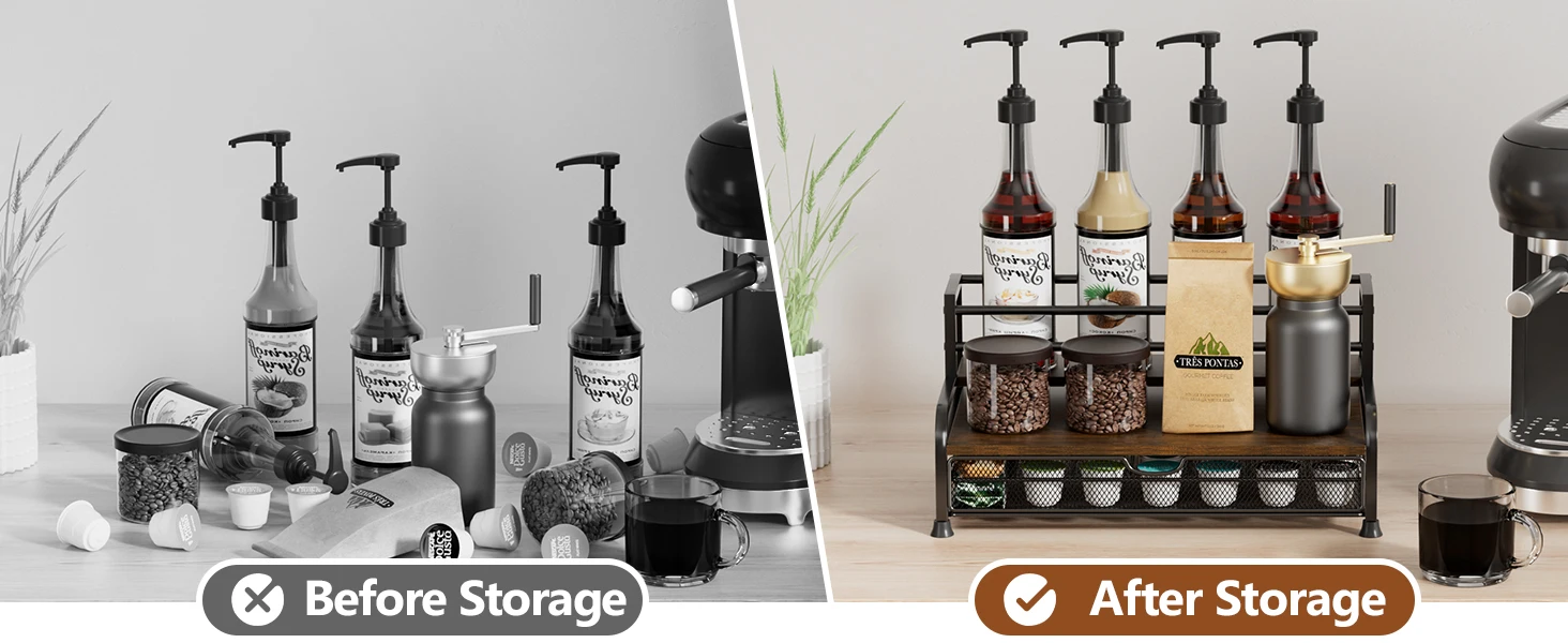 Modern 8 Bottle Coffee Syrup Rack Organizer 3-Tier 35 K Cup Storage ...
