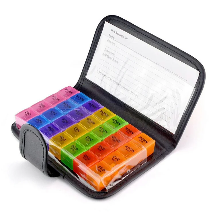 28 Compartments Weekly Monthly Am Pm Medicine Storage Manufacturer Directly Sale rainbow 7 Colors Pill Box with PU Bag Notebook