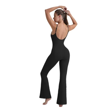 Custom Workout Romper Fitness Yoga Flared Jumpsuits Quick Dry Tummy Control Elegant Seamless Ribbed Jumpsuit