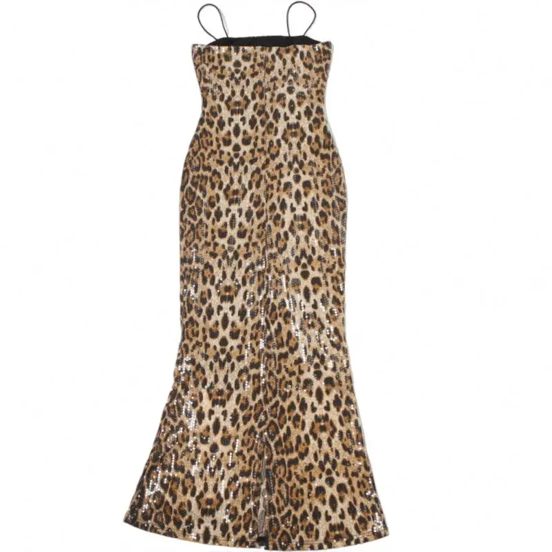 Wholesale Women Clothes Sleeveless Party Club Leopard Shiny Cheetah Maxi Evening Dress