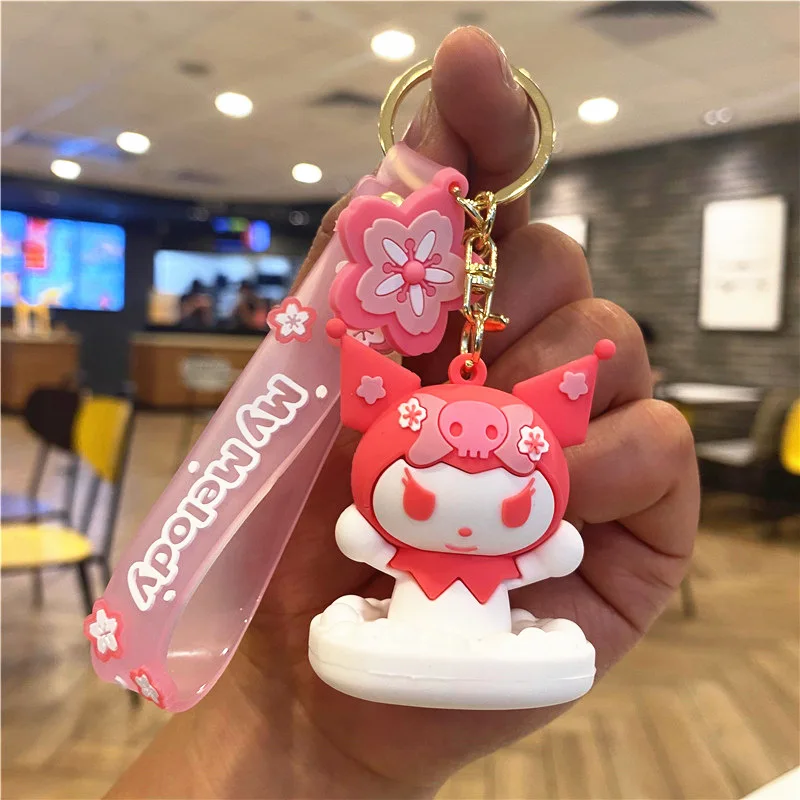 3d Hello Kitty Keychain With Wrist Strap Car Accessories Bag Ornament Doll Custom Cute Cartoon Pvc Gold Key Rings Gift
