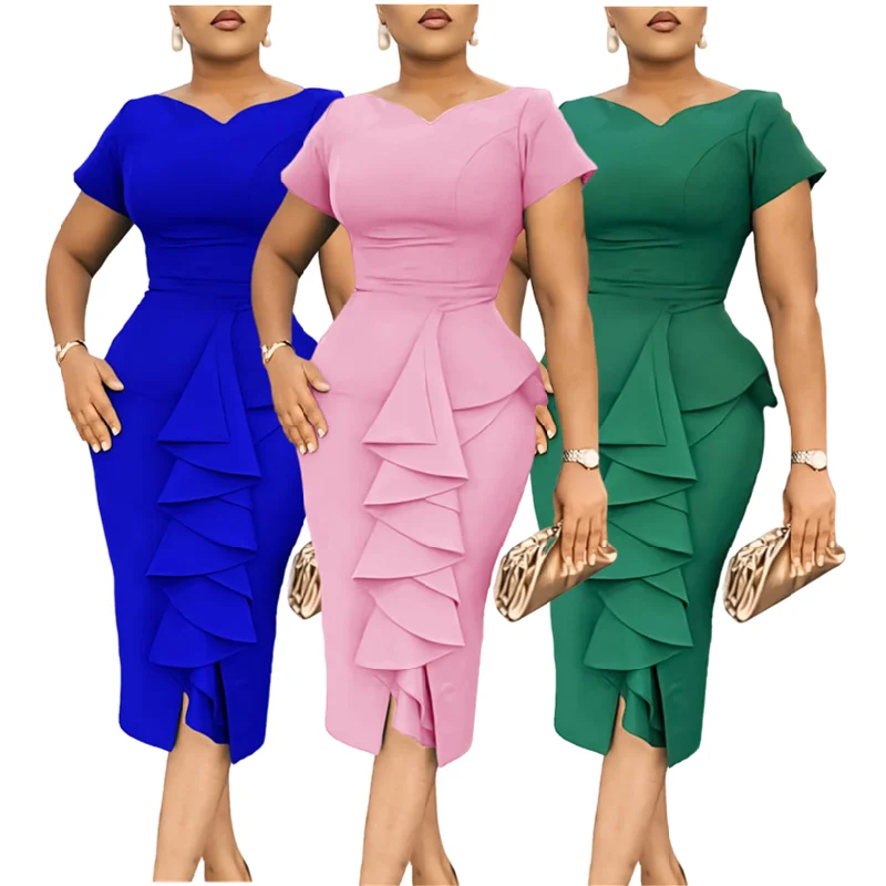 Shop Trendy Short Sleeve Solid Hip Wrap Ruffle High Waist Dress