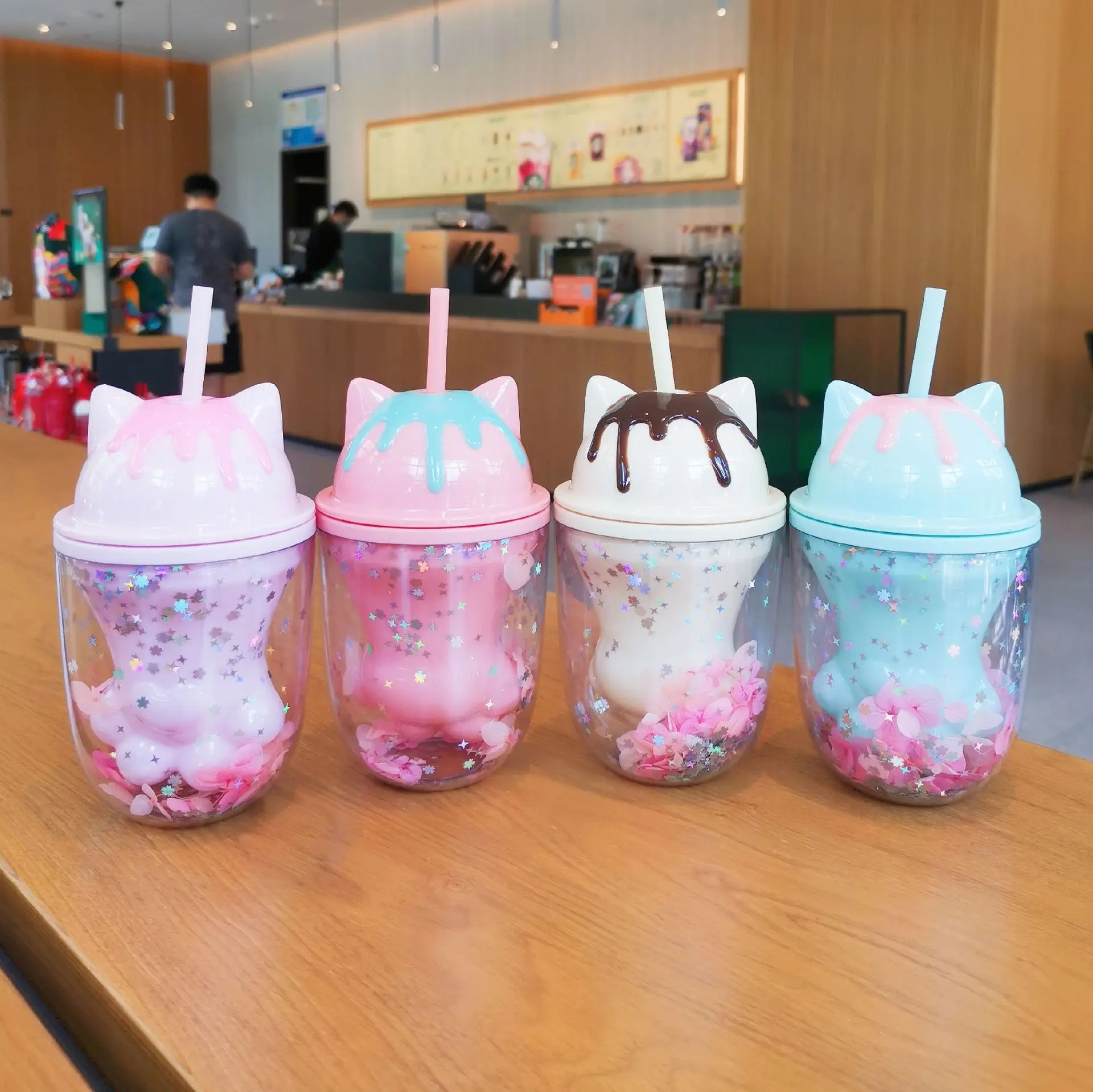 Seaygift кружка с двойными стенками в виде кошачьей лапы Сакура с блестками пластиковая дорожная кружка с блестками пластиковые соломенные кофейные стаканы чашки