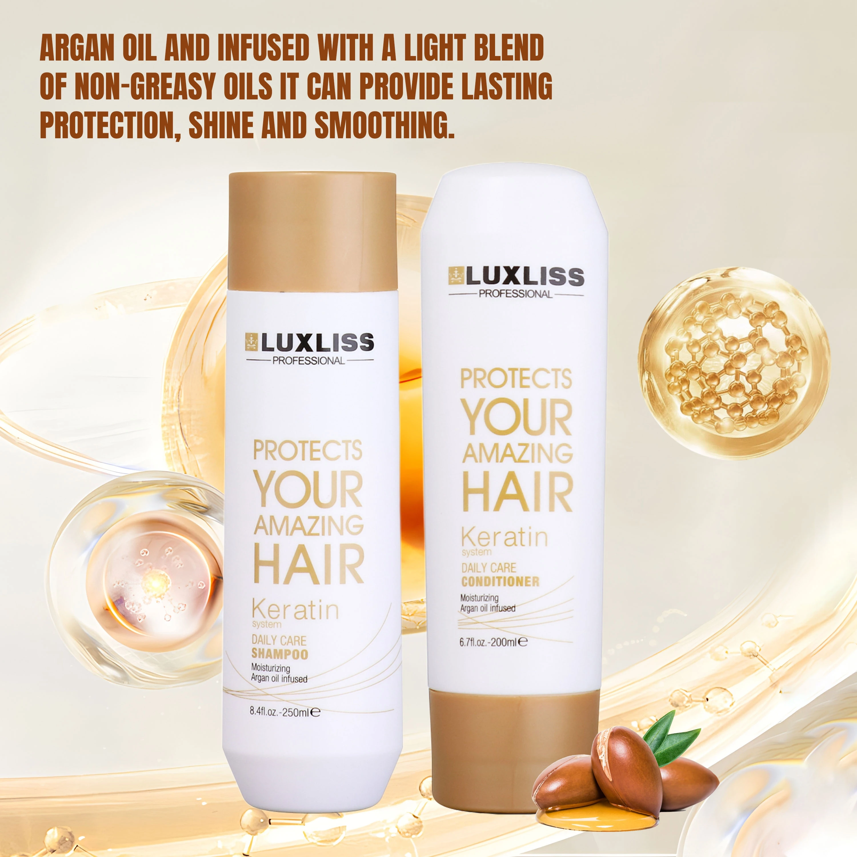 LUXLISS Private Label Moroccan Oil Argan Clarifying Keratin Daily Shampoo and Conditioner Smooth Damaged Hair Salon Products