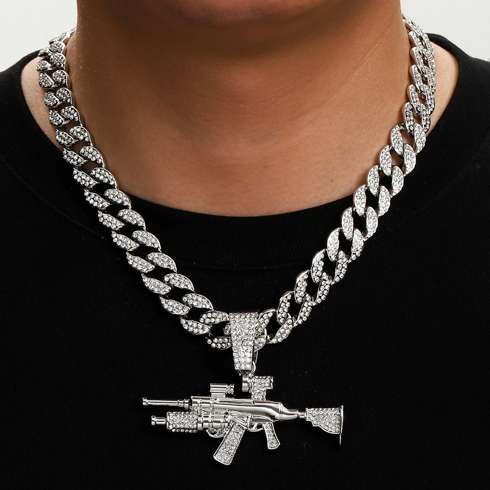 Iced Out 15mm Cuban Link Chain Necklace Gold Plated Zinc Alloy AK47 Gun  Pendant Bling Rhinestone Men's Hip Hop Style Accessory