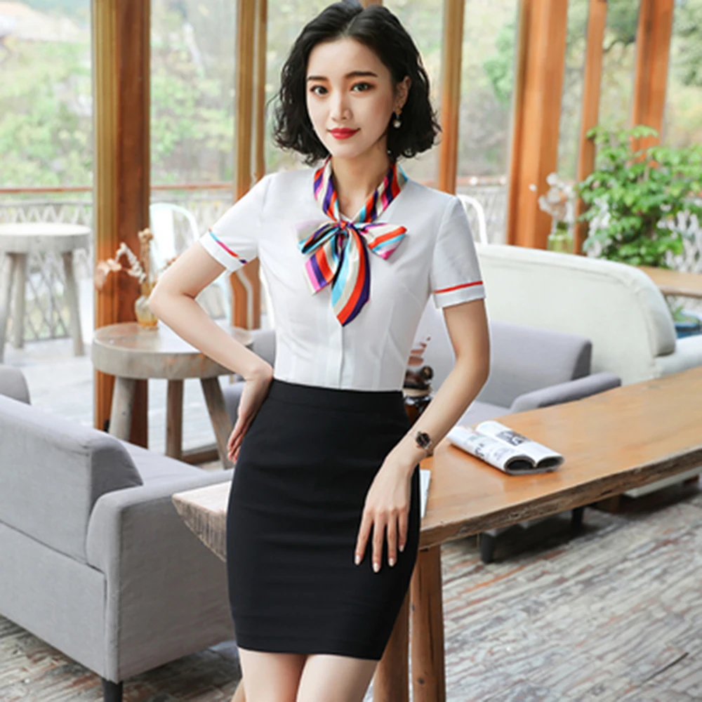 Professional women silk scarf collar short-sleeved white shirt Korean slim white shirt beautician hotel waiter overalls Uniform