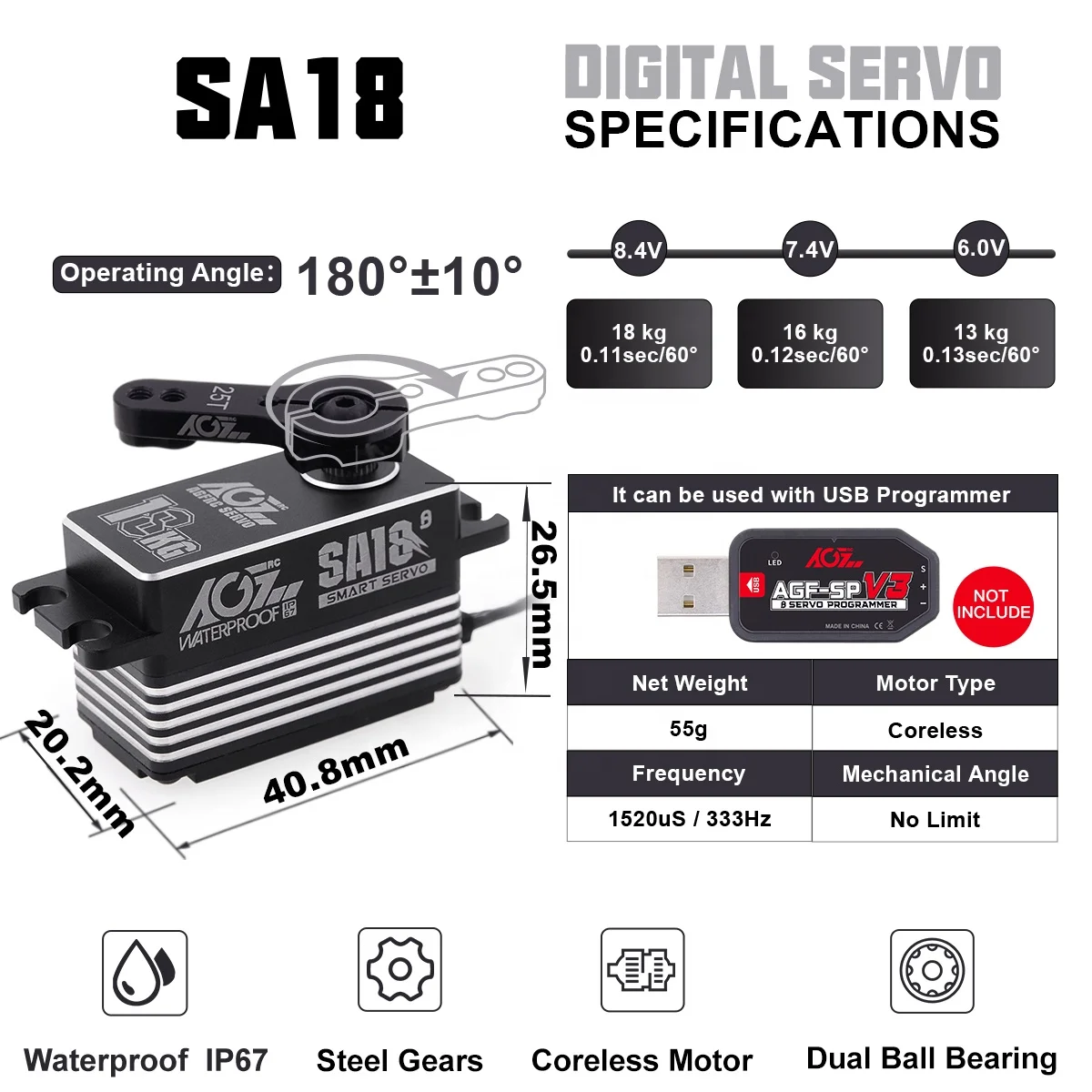AGFRC Low Profile Programmable 18KG 0.11Sec Coreless Motor Metal Gear Smart Waterproof 360 Degree Winch Servo for RC Cars Robots
