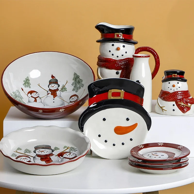 Handmade ceramic buy serving platter set snowman design.