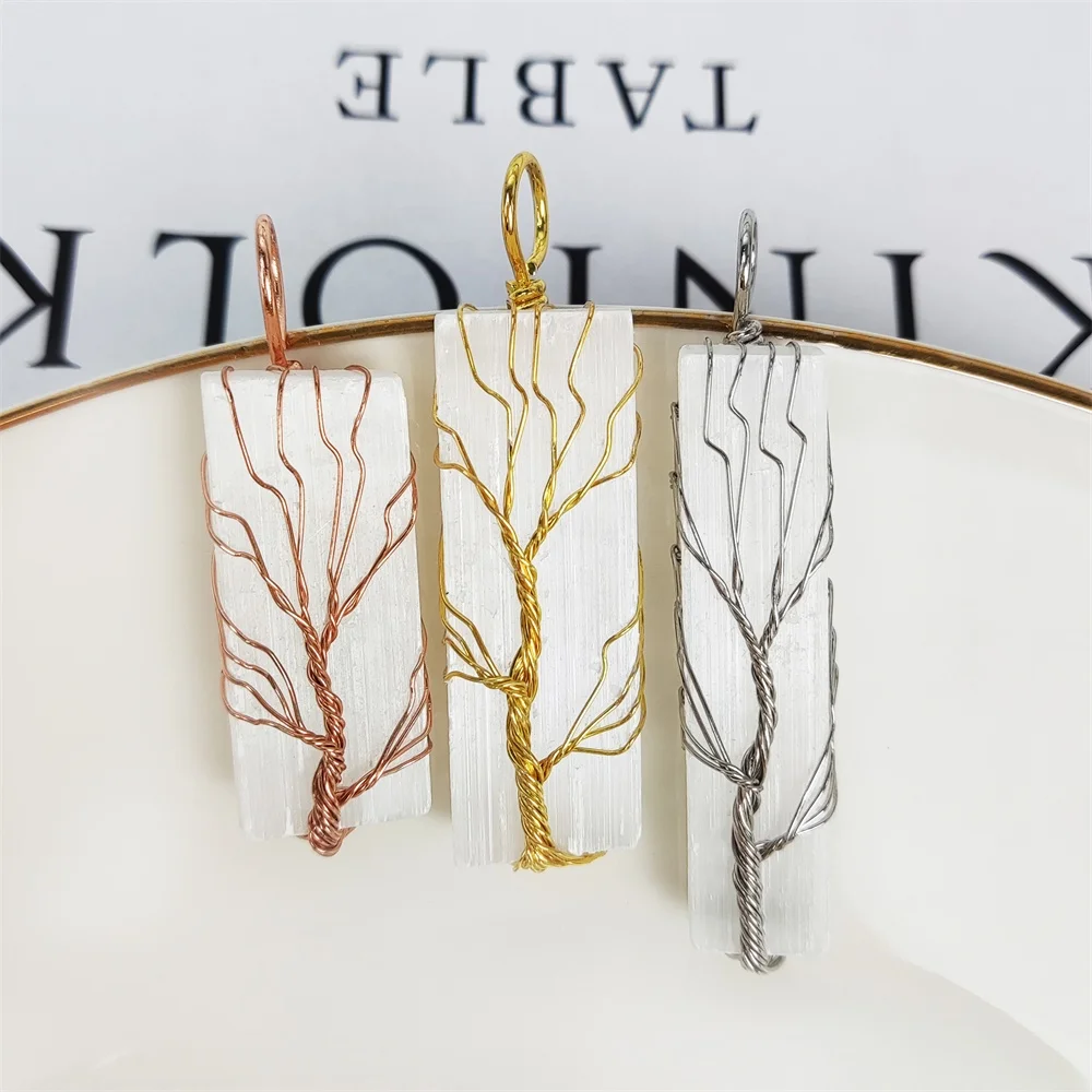 Classic Handmade Wire Wrapped Tree of Life Charm Natural Selenite Stick Pendant Necklace Gold Silver Plating Gypsum Jewelry