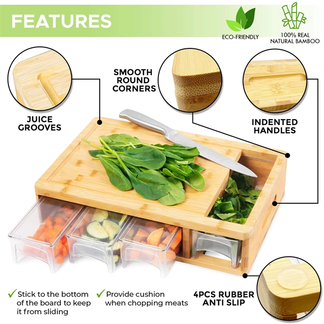 COMELLOW Bamboo Cutting Board with Containers, Lids, and Graters, Large  Wood Cutting Board with Containers, Food Dropping Zone, Carving Board with