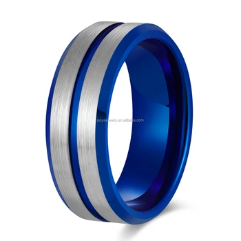 POYA Tungsten Wedding band Blue Gold Grooved Ring Mens Gift 8mm Beveled Ring Open Bottle for Men