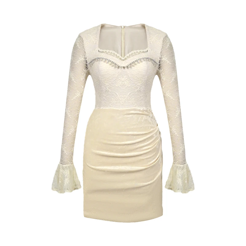 ZYHT 21057 Sheer Velvet Patchwork Short Dress for Spring