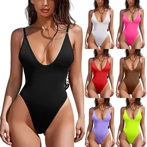 Women's Summer Sexy Deep V Neck High Cut Monokini One-Piece Swimsuit Solid Color Spandex/Polyester for Beach Poolside Look