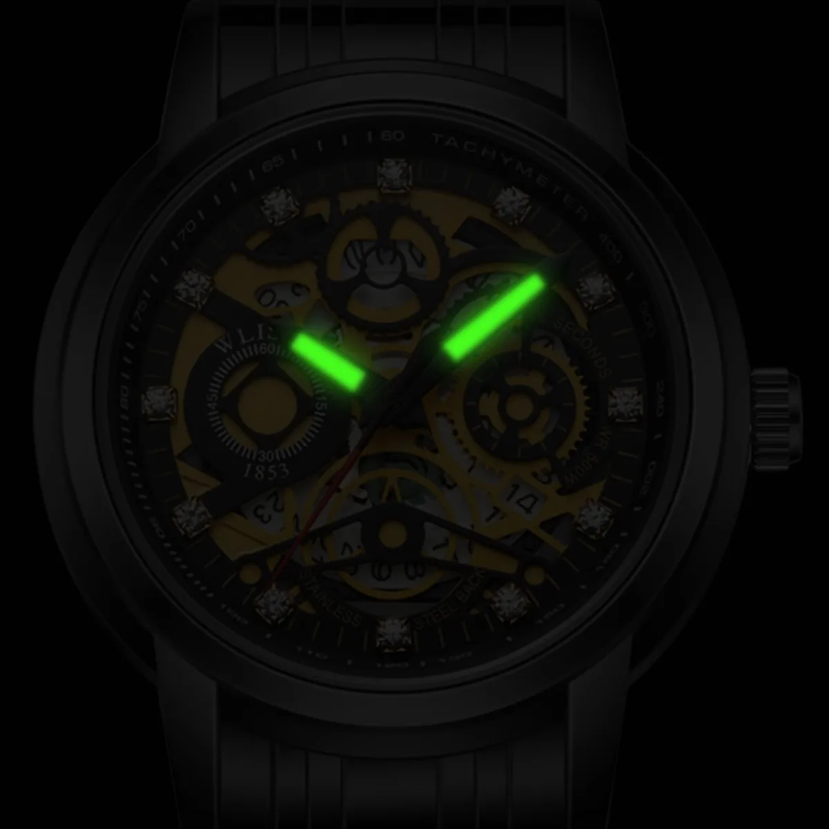 Wlisth S518 Quartz Auto Date Display Luminous Hands Diamonds Skeleton Style Men Pointer Analog Watches Original Wristwatches