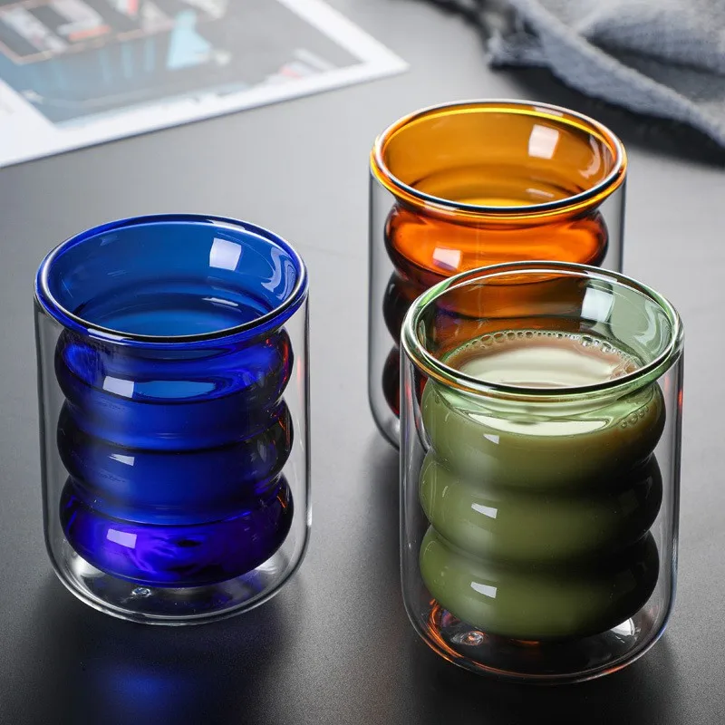 200ml Vintage Creative Glass Mug Double-Wall Heat-Resistant Color Wave Design for Coffee Juice or Milk