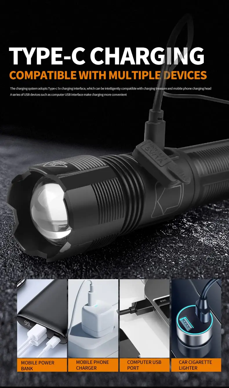 XHP50 Super Bright IPX4 Waterproof Aluminum USB-C LED Rechargeable Zoomable Camping Torch Tactical Flashlight with COB Sidelight factory