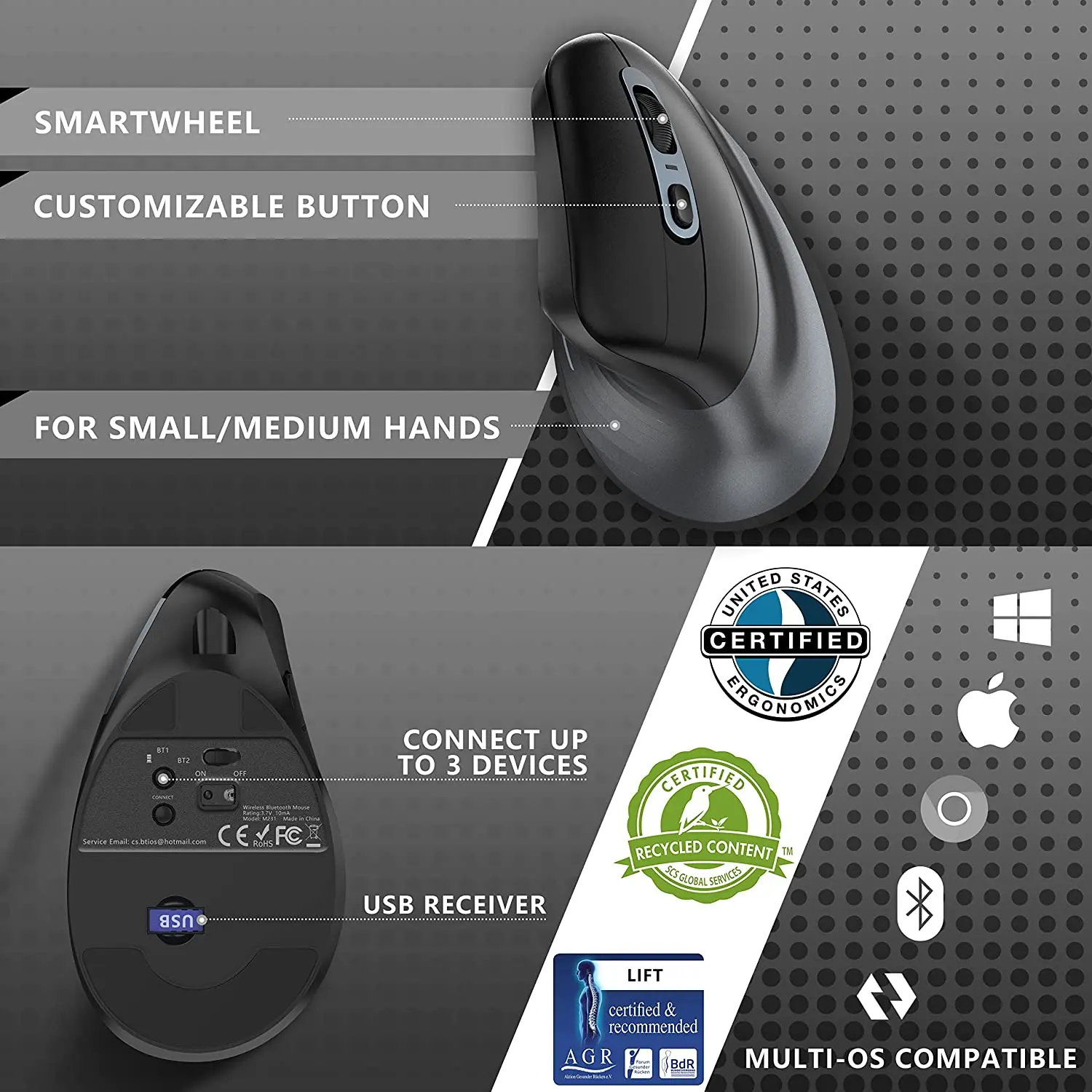 Souris ergonomique rechargeable sans fil 2,4 GHz avec interface USB, 3 niveaux de DPI réglables (1000/1600/2400), mini souris optique verticale.