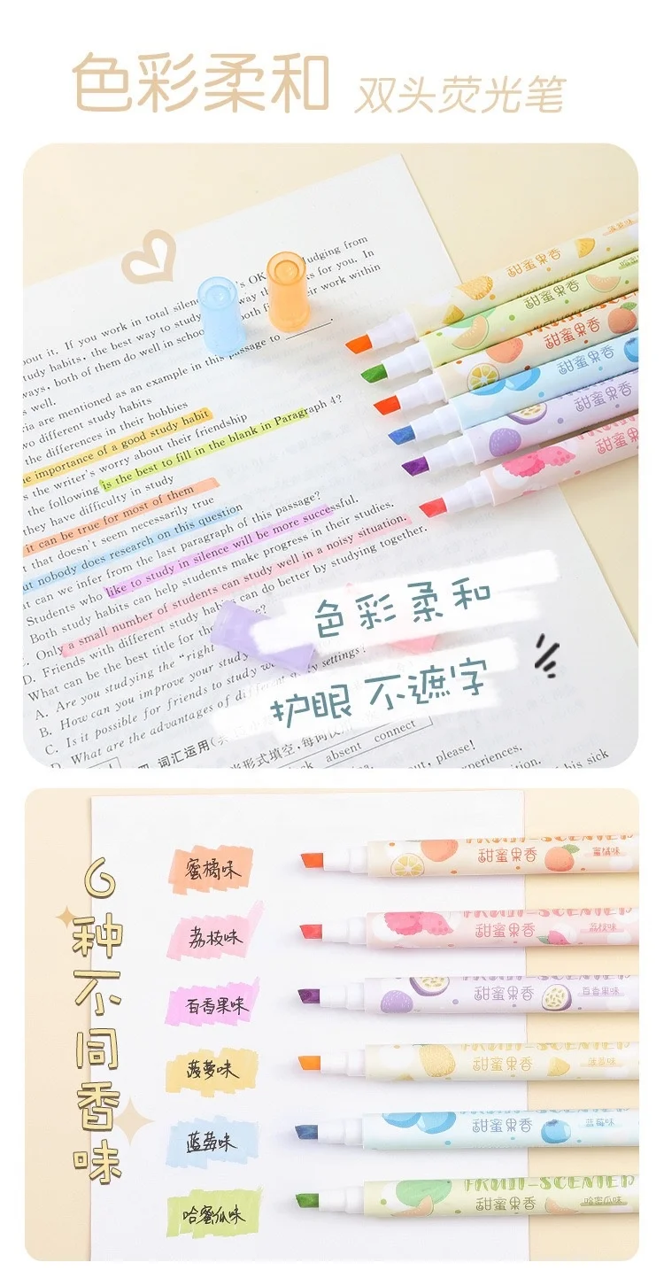Fruit Smell Highlighter Marker Pen Drawing Small Quantity Accept Custom Fluorescent Pen Colored Stationery Set Cute Stationary