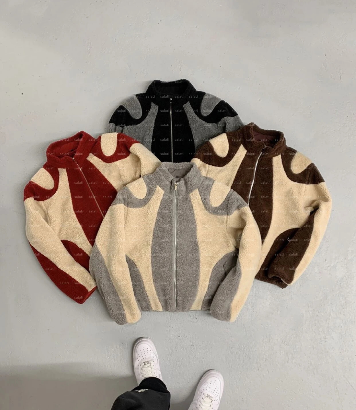 Custom Oversized Patchwork Zip up Cotton Warm Fluffy Fleece Wool Windproof Snow Winter Outdoor Bomber Sherpa Jacket for Men gallery 10