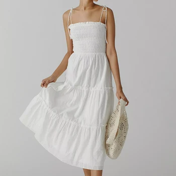 Hotsell Wholesale Summer Women Pretty Elastic Shirring Casual Strap Smocked Midi Dress White Cami Dress