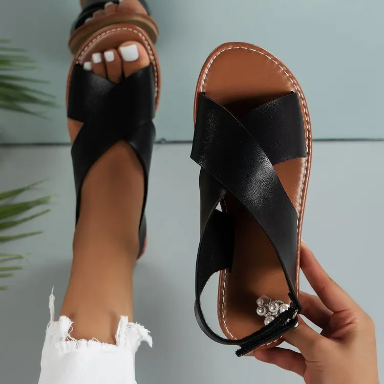 2024 summer plus-size cross with flat women retro solid color open toe beach slippers woman