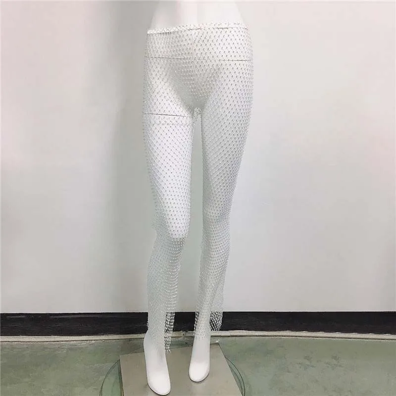 Afrsmw Pantalon Resille Strass Femme Sexy Creux Pantalons en Maille Taille Haute Résille Collant Perspective Long Pantalon de Plage Mesh Bikini Cover Up en Résille Pantalon Large pour Femme