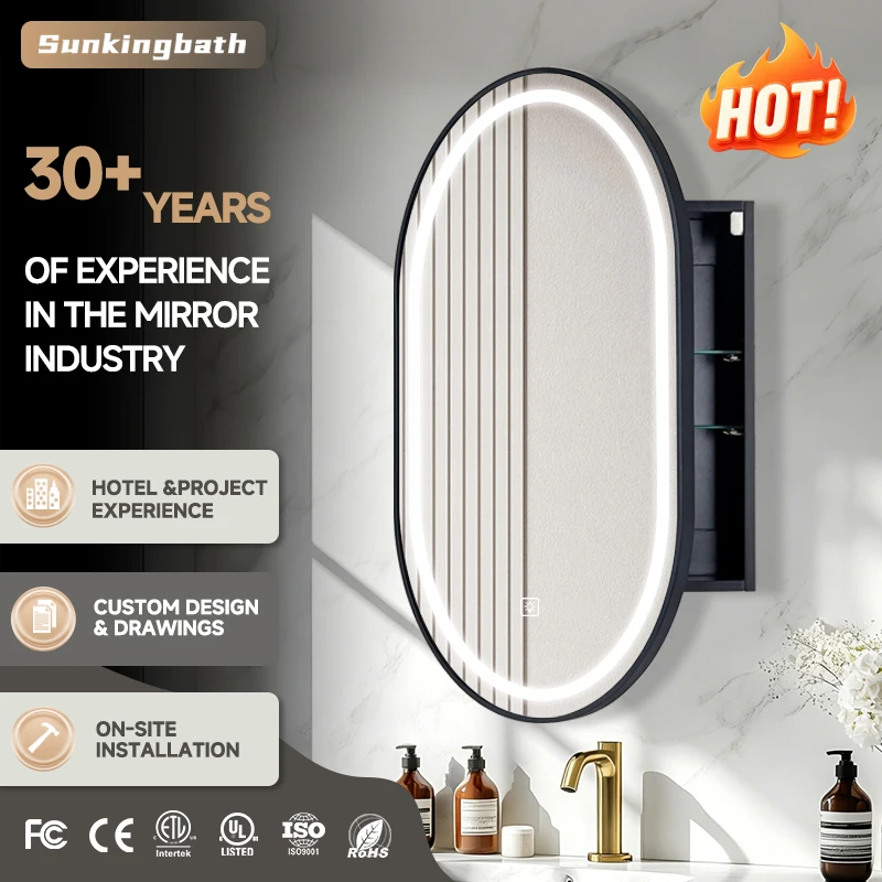 European Design Oval Wall Mounted Bathroom Vanity Surface Mount Led Medicine Cabinet Lighted Bathroom Cabinet with Mirror