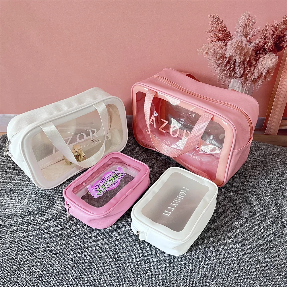 Custom logo Waterproof Portable PU Leather Frosted pink TPU Travel Toiletry  Case Cosmetic Bag PVC Makeup Bag