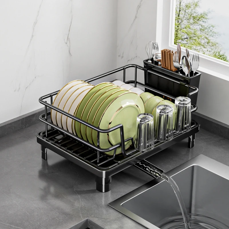2024 Newest Removable Pull Down Small Purple Lifting 4 Tier Cover Aluminium Kitchen Cabinet Dish Rack Assemble Dish Rack