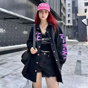 Women Loose Fit Denim Letter Oversize Jacket Light Wash Stylish Embroidery Outwear Embroidery HighStreet Customization Service