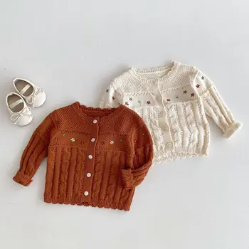 2025 New Style Autumn and Spring Casual Embroidered Long Sleeve Knitted Cardigan Girls Age 1-8 Years Cotton Baby Sweaters