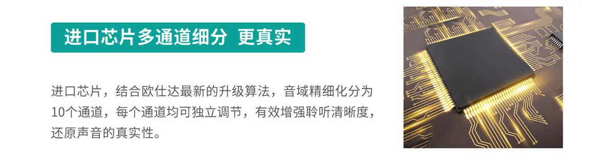 欧利耳T10助听器采用进口芯片多通道细分，最新的助听器算法，还原更真实的声音。