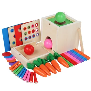 Kids Montessori Wooden Coin Box 6 in 1 Learning Toy with Radish Pulling Color Matching and Building Blocks Developmental Toys