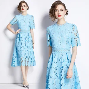 Women's Elegant Solid Pattern Long Midi Dress Slim Fashion Casual Smart Lace Short Sleeves for Summer Natural Waistline Digital
