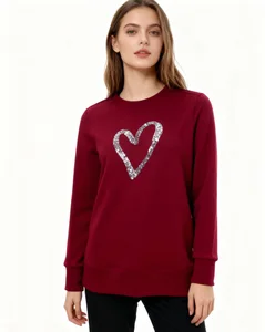 Women's Spring/Autumn Knitted Soft Stretch High Quality Fashion Crew Neck Heart Sequins Embroidery Long Sleeve Pullover Plus TOP