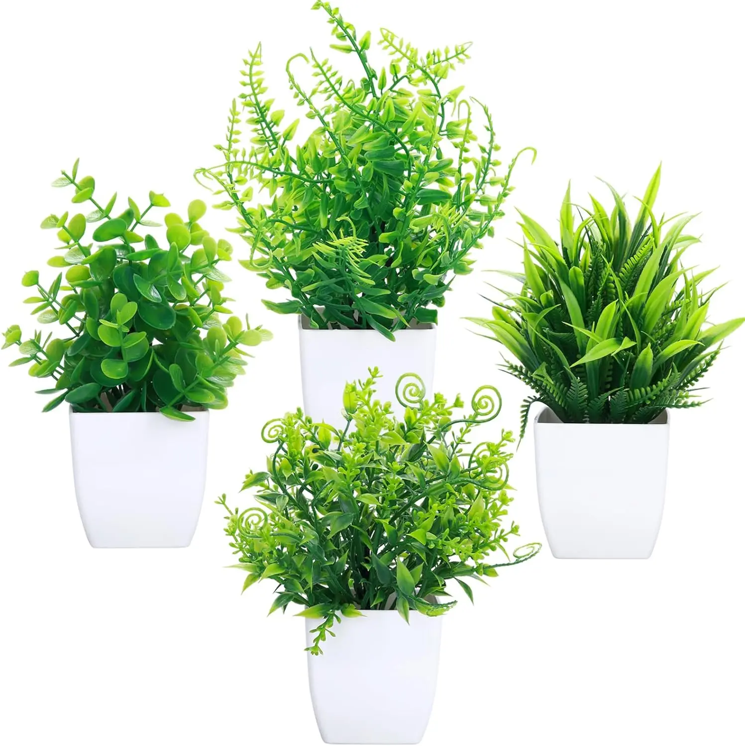 4 Pcs Faux Indoor Plants in White Pots - Artificial Eucalyptus for Home,  Office, Bedroom, and Bathroom Decor