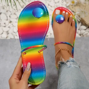 Factory Wholesale Cheaper Price Women Beach Flat Sandals Shoes Flip Flops Rainbow Colors Slide Slippers