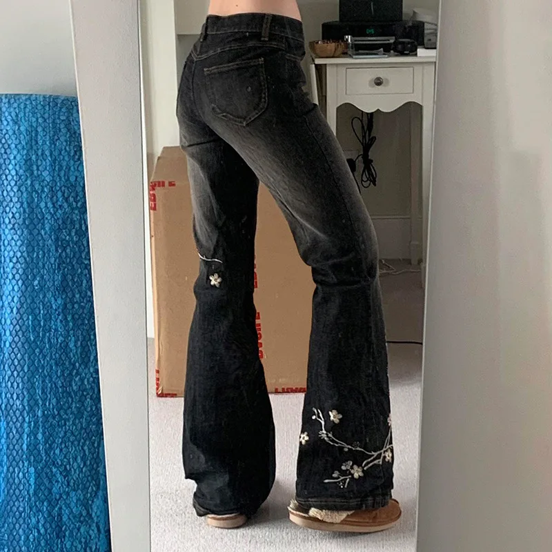 Denim Women High Street Hot Girl Skinny Boot Cut Dark Wash Low Waist Long Plant Embroidery Pants