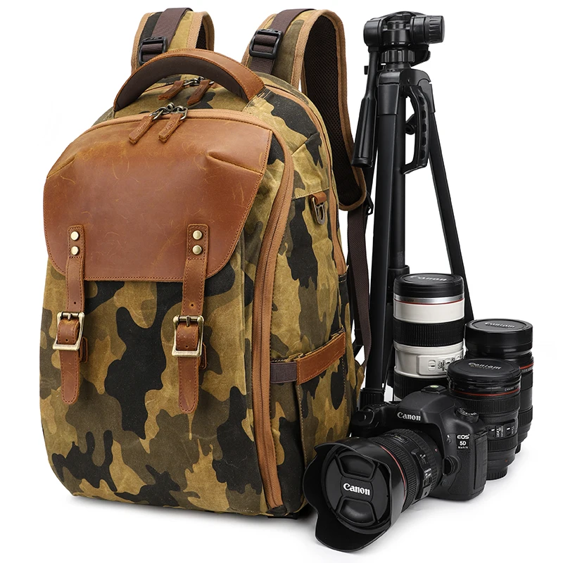 Waxed Canvas Leather Camo Camera Back Pack Large Digital DSLR SLR Camouflage Camera Backpack for Photographers Alibaba