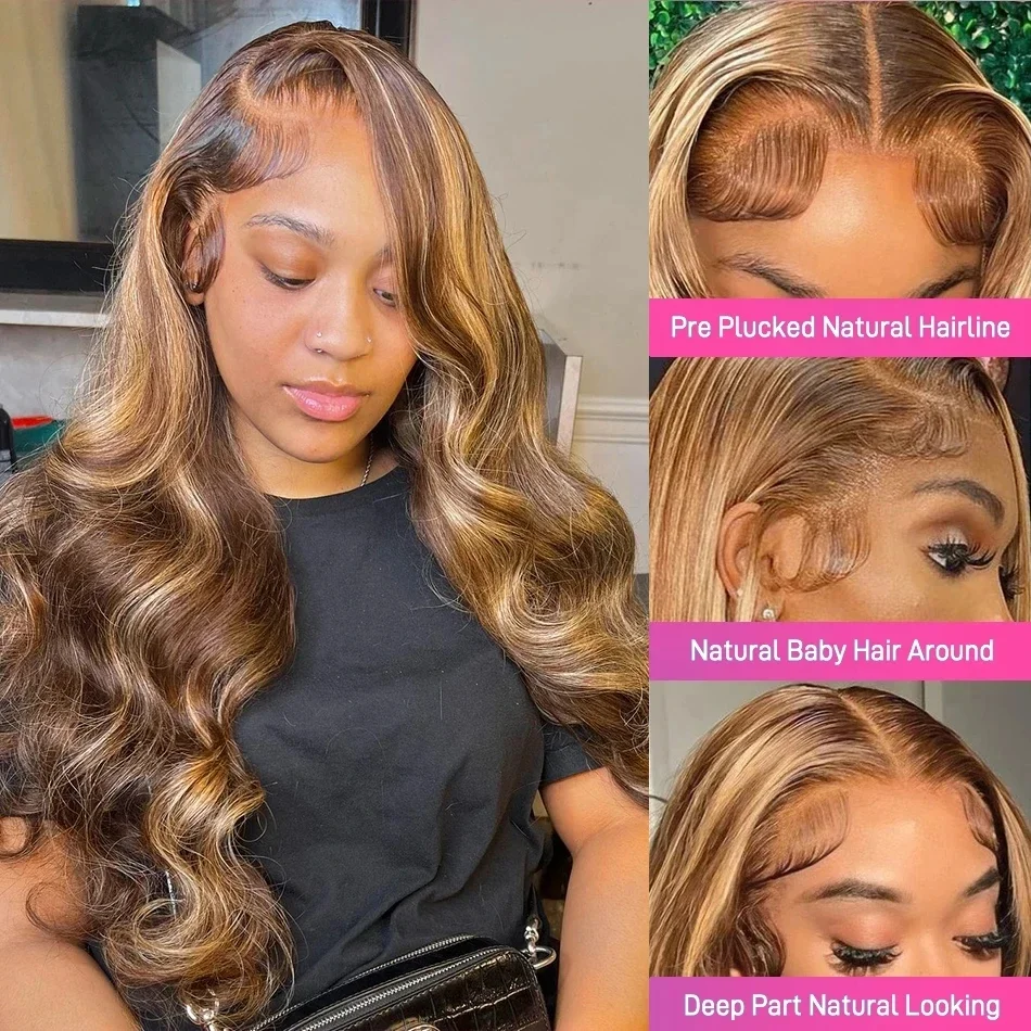 Blond Kroppsvågig Lace Front Peruk Äkta Hår Slingor Limfri 360 Full Lace Frontal Peruker Dam_voghion.com