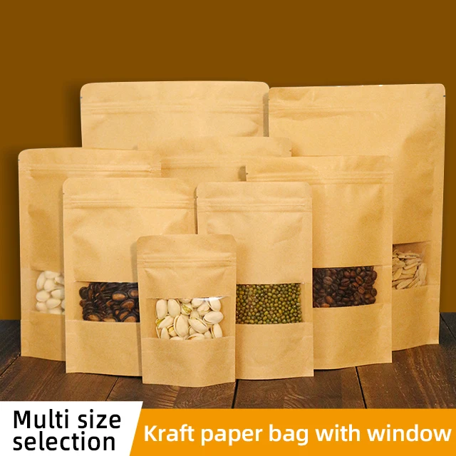 Customizable Kraft Paper Stand-Up Coffee Pouch Resealable Clear Window Printed Logo for Coffee and Pet Food Packaging