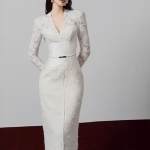 ZYHT 70139 Spring Winter Fashion Maxi High Waist Ladies Long Sleeve Pencil Party Dresses Lace Elegant White Dress for Women
