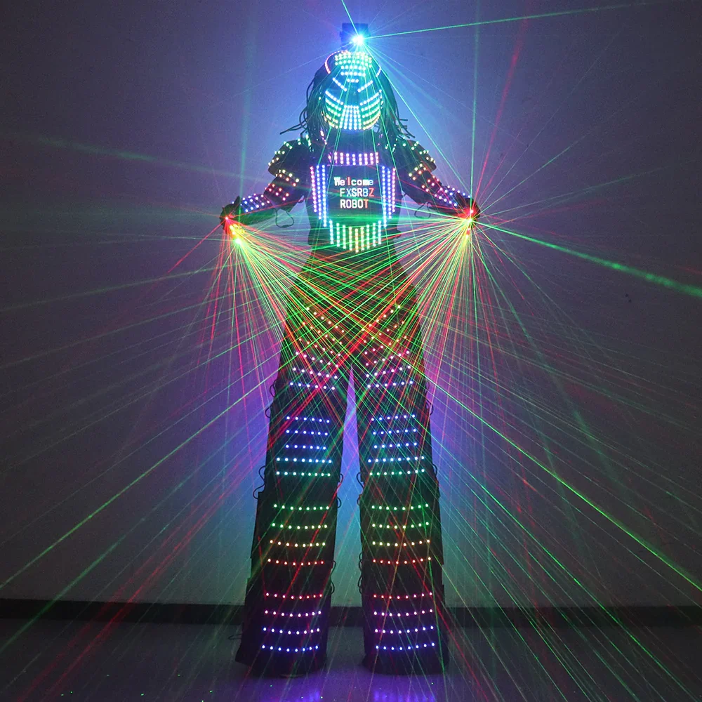 Full Color  LED Robot Suit Costume Traje LED Suit Dress Clothes Stilts Luminous Jacket Laser Gloves Predator Lighted Helmet