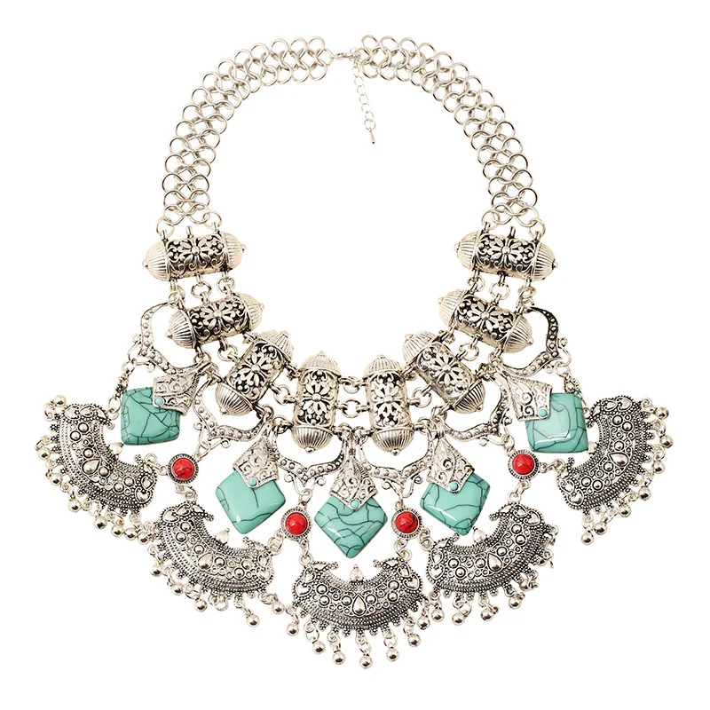 Yiwu Factory Bulk Buy From China Woman Antique Silver Plated Exaggerated Boho Style Kallaite Tassel Choker Necklace