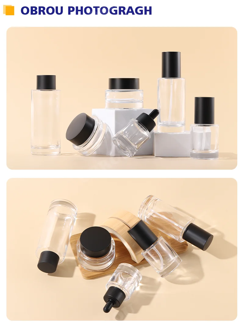 Luxury Glass Cosmetic Packaging Set Acid Etched 30ml 50ml 100ml 120ml 150ml Pump Bottles For