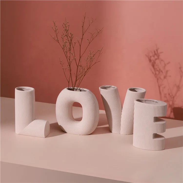 K&B Modern Nordic Morandi Style LOVE Letter Stripe Home Decoration Porcelain Flower Vase Home Goods Ceramic Vases