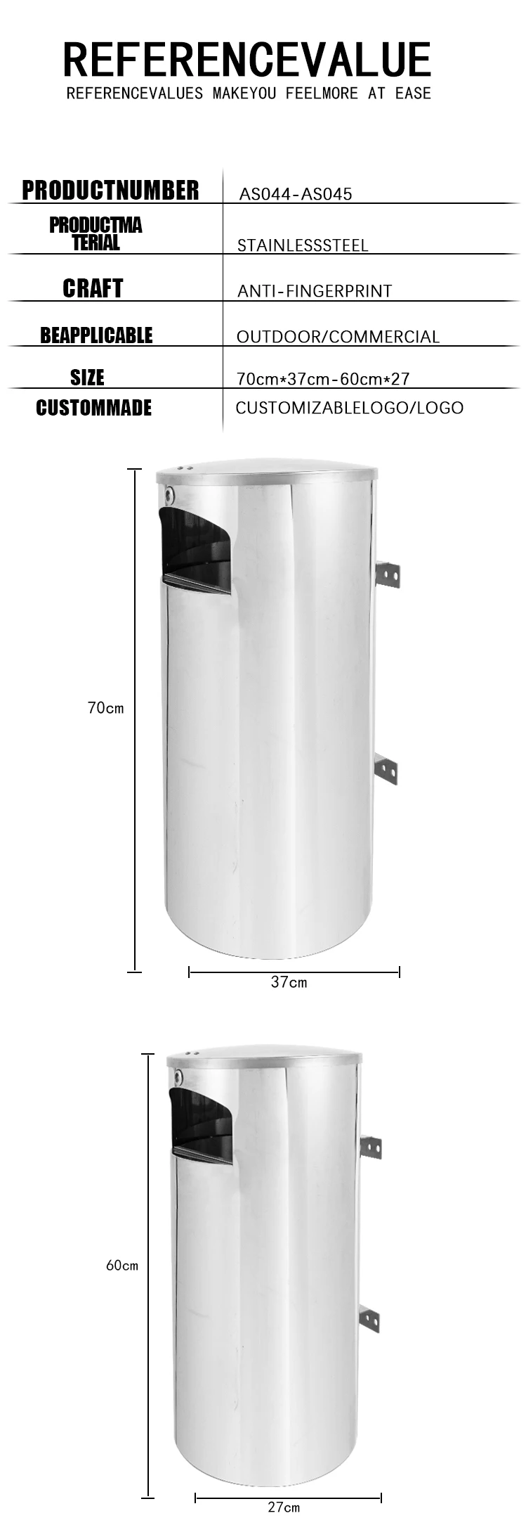 Large Outdoor Stainless Steel Wall Mounted Ashtray Lockable Metal Trash Bin for Smoking Accessories in Public Places