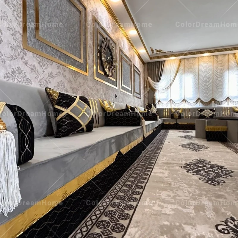 High-End Customized Arab Luxury Furniture Set Handmade Arabian Majlis Living Villa Modular Tufted Wood Middle Eastern Style